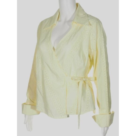 Swarri Wrap Top Womens Large Yellow Eyelet V Neck French Cuffed Cotton - Picture 2 of 9
